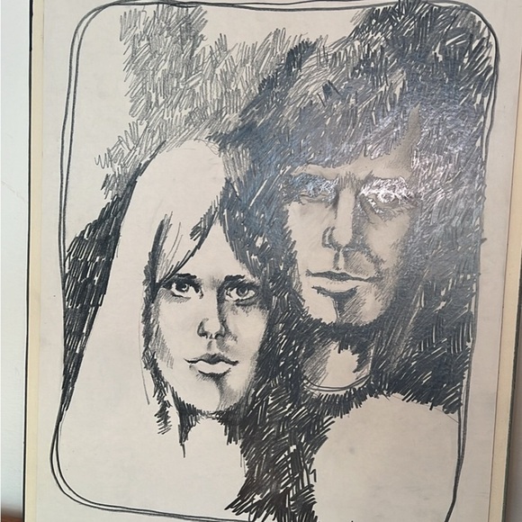 Original portrait, pencil M Keller 1973 drawing on board Mcm retro vintage - Picture 17 of 17